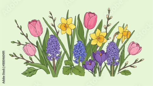 Spring Flower Arrangement with Tulips Daffodils Hyacinths Crocuses.