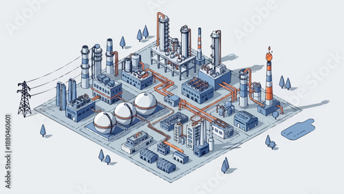 Industrial Complex Manufacturing Plant with Pipes and Towers.