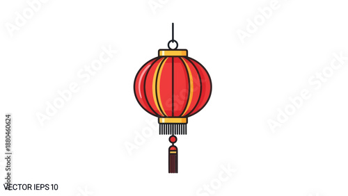 Red Chinese Lantern with Tassel Hanging Isolated on White Background - Vector Illustration