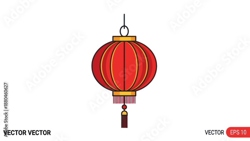 Red Chinese Lantern with Gold Accents and Tassel, Isolated on White Background