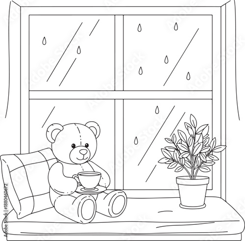 Cozy teddy bear on windowsill rainy day coloring page Vector