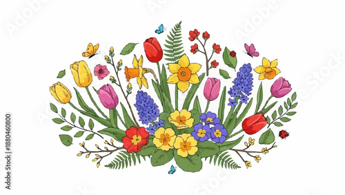 Spring Flower Arrangement with Butterflies and Ferns.