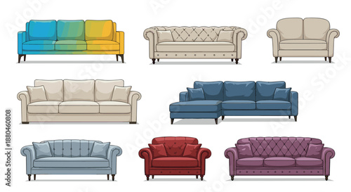 Selection of modern and classic furniture pieces featuring sofas in various colors and styles such as chesterfield sectional and cozy loveseats.