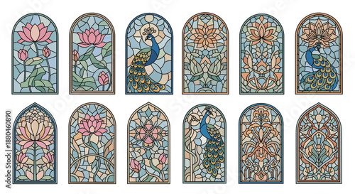 Ornate series of stained glass window designs featuring vibrant lotus flowers and graceful peacocks set within elegant arched architectural frames.
