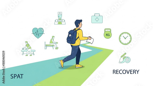Man walking on path with spat to recovery icons of fitness health and wellness around him