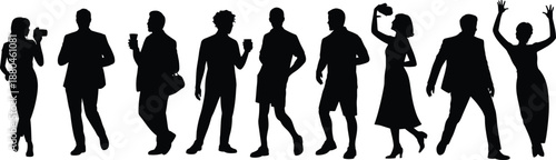Large collection of black silhouettes featuring diverse people in casual and formal attire standing and posing on white background