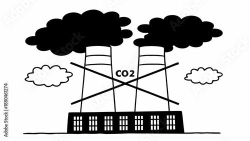 Industrial pollution control illustration showing factory with crossed CO2 emissions and smokestacks against a cloudy sky