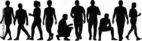 Large collection of black silhouettes featuring diverse people walking standing and sitting in casual attire isolated on a white backgroundLarge collection of black silhouettes featuring diverse 