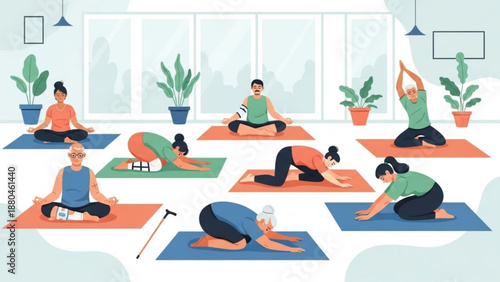 Group of people practicing yoga poses in a serene indoor studio with plants and large windows