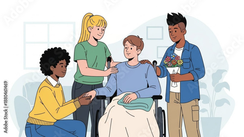 Diverse group of friends supporting and visiting a disabled man in a wheelchair with flowers and gifts in a cozy indoor setting with a warm atmosphere