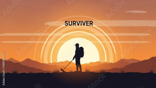 Silhouette of a lone survivor standing with a metal detector at sunset with mountains in the background