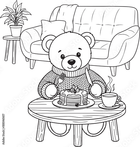 Cute teddy bear eating pancakes line art Vector