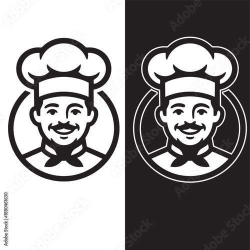 A smiling chef in a traditional toque, depicted in two circular black and white emblems, representing culinary arts and professional cooking services