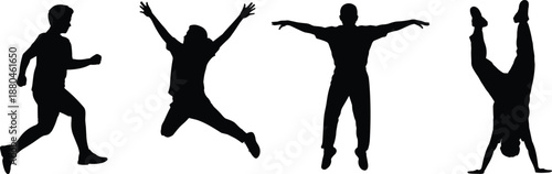 Set of black silhouettes showing active people running jumping and doing handstands expressing energy and freedom on a white background