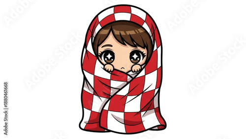 Cute girl wrapped in checkered blanket