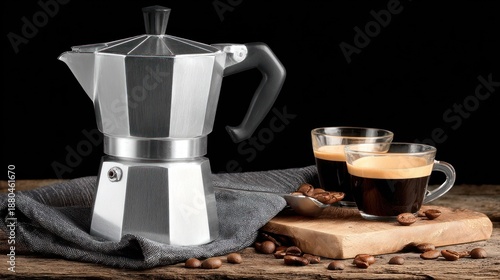 Stainless Steel Coffee Maker with Two Cups of Espresso on Wooden Surface