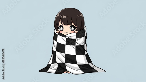 Cute girl wrapped in checkered blanket