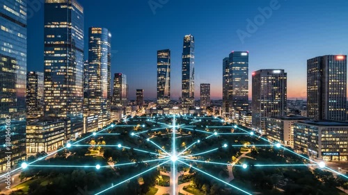 Connected city network with glowing nodes and modern skyline