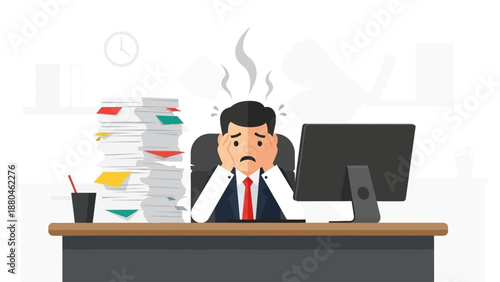 This flat design illustration depicts a stressed office worker overwhelmed by an excessive workload, symbolizing professional burnout. The scene captures the pressure of modern corporate environments