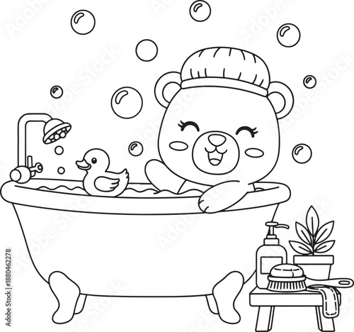 Cute bear bath time coloring page Vector