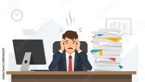 This flat design illustration depicts a stressed office worker overwhelmed by an excessive workload, symbolizing professional burnout. The scene captures the pressure of modern corporate environments