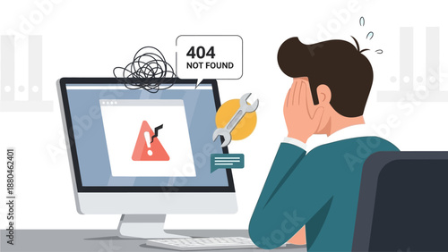 A flat design illustration capturing the frustration of an office worker facing technology issues, such as a computer error or network problem
