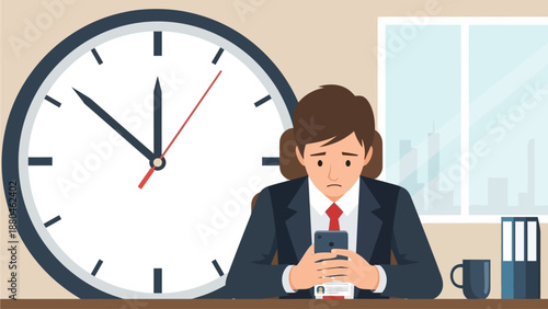 This flat design illustration portrays an office worker procrastinating by using a phone, neglecting urgent tasks and looming deadlines.