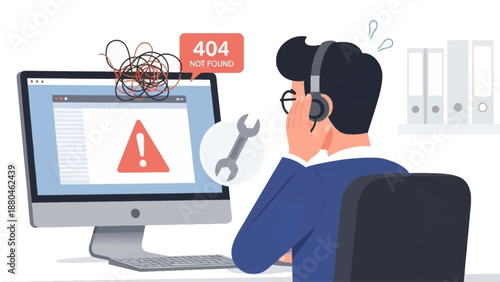A flat design illustration capturing the frustration of an office worker facing technology issues, such as a computer error or network problem