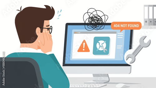 A flat design illustration capturing the frustration of an office worker facing technology issues, such as a computer error or network problem