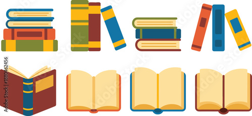 Vector set of colorful book icons featuring open pages stacked textbooks and standing novels for school library education and literature design