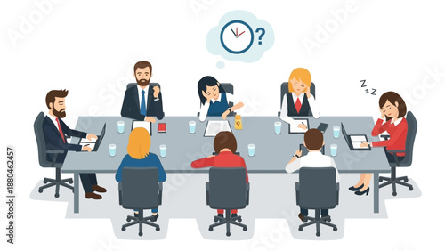 This flat design illustration depicts a group of office workers experiencing meeting fatigue, showcasing boredom and disengagement during an unproductive session