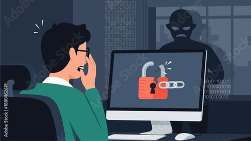 This flat design illustration portrays an office worker concerned about data security, with visual elements indicating a cyber threat or breach