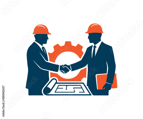 Two professionals with hard hats shake hands over blueprint and gear in a construction collaboration vector illustration
