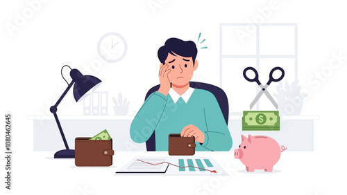 A flat design illustration visualizing the impact of budget cuts and financial stress on an office worker, represented by dwindling resources and worried expressions
