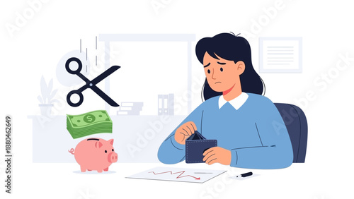 A flat design illustration visualizing the impact of budget cuts and financial stress on an office worker, represented by dwindling resources and worried expressions