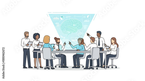 Diverse team collaborating on AI project in modern meeting room
