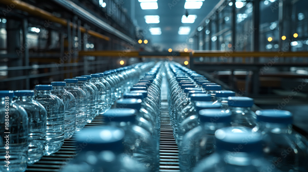 Fototapeta premium Conveyor Belt with Bottled Water in a Modern Production Facility