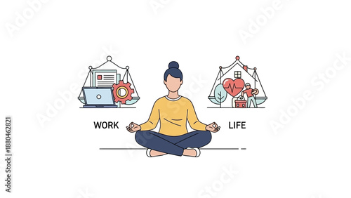 Woman meditating between work and life balance illustration