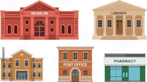 Vector set of public building icons including museum library post office and pharmacy for urban city map and architectural design isolated