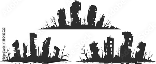 Destroyed City Skyline Silhouette Post Apocalypse Illustration.
