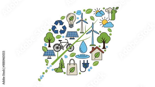 Eco friendly sustainable living concept with green energy icons