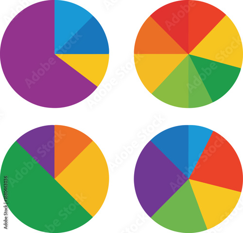 A group of four brightly colored pie charts demonstrating different data segmentations visually