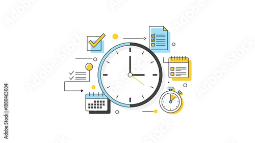 Time management concept with clock and schedule icons around