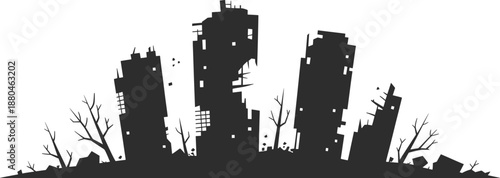 Destroyed City Skyline Silhouette Post Apocalypse Illustration.
