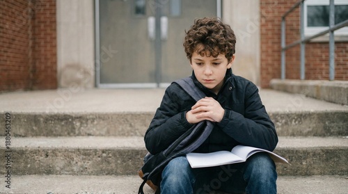 Boy alone on school steps, sad student sitting outside school entrance with backpack and notebook