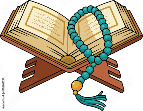 A sacred open scripture book with detailed pages sits on a carved wooden lectern with blue prayer beads