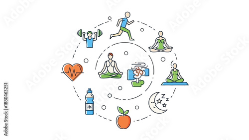 Healthy lifestyle cycle with exercise, yoga, nutrition, and sleep