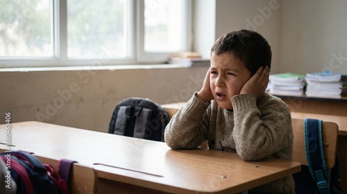 Child covering ears with hands in classroom, stressed student reacting to loud noise and distraction