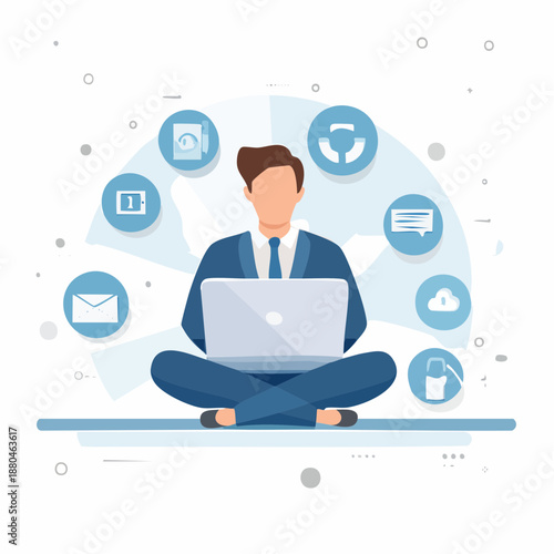 Businessman Working on Laptop with Digital Communication Icons Illustration