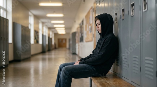 Young boy sitting alone on bench in school hallway looking sad  